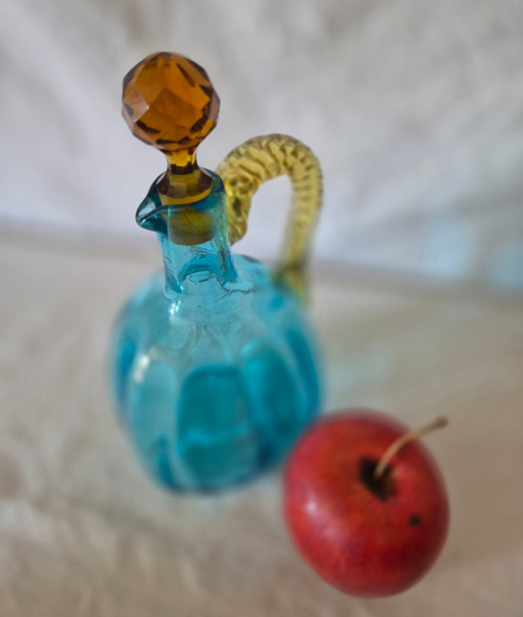 George Sand Amber And Turquoise Blue Glass Carafe With Handle By Portieux, 19th Century-photo-4