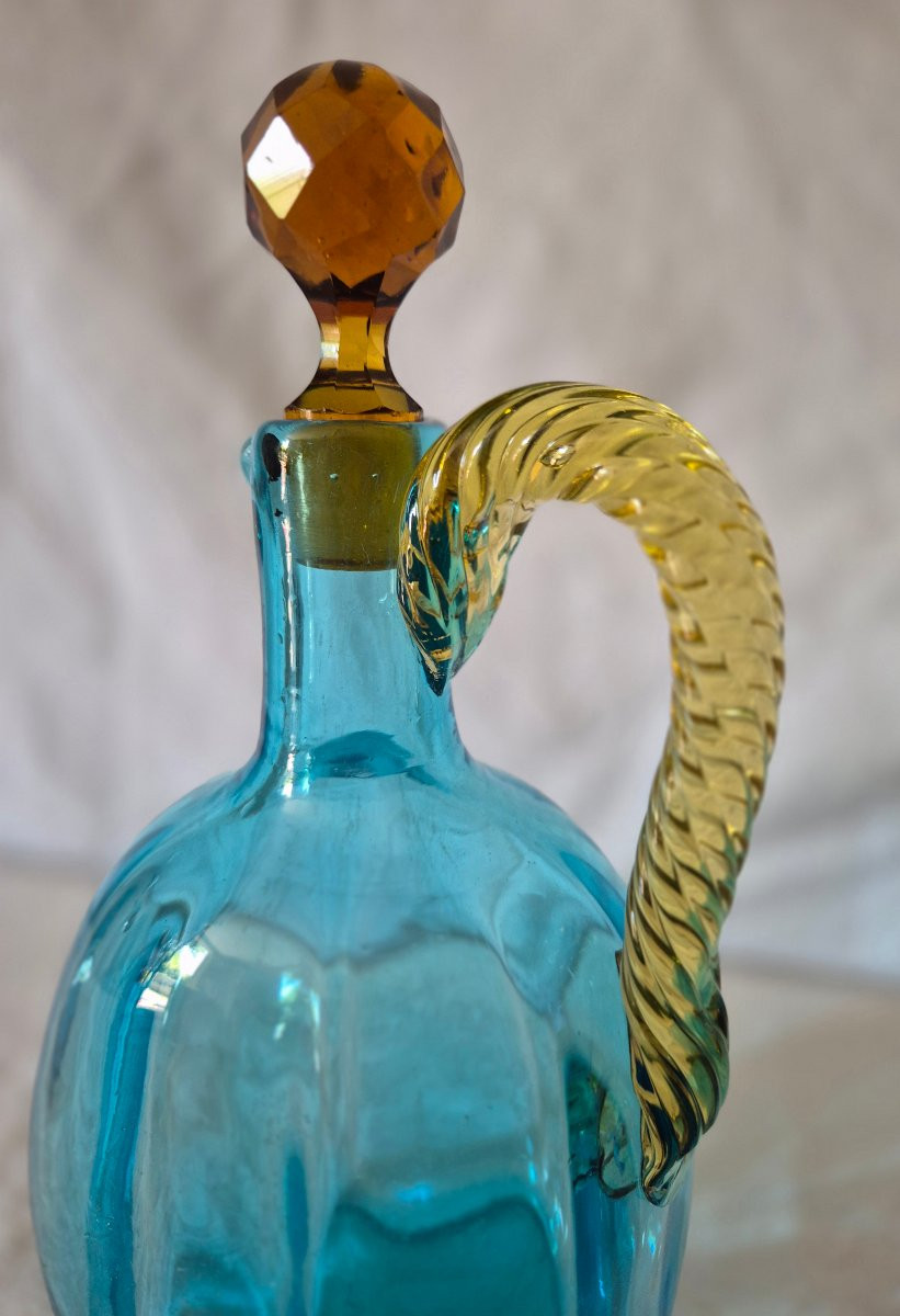 George Sand Amber And Turquoise Blue Glass Carafe With Handle By Portieux, 19th Century-photo-5