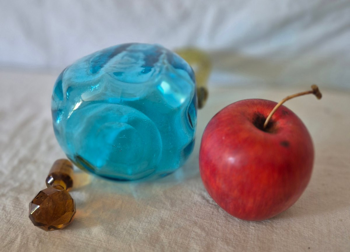 George Sand Amber And Turquoise Blue Glass Carafe With Handle By Portieux, 19th Century-photo-6