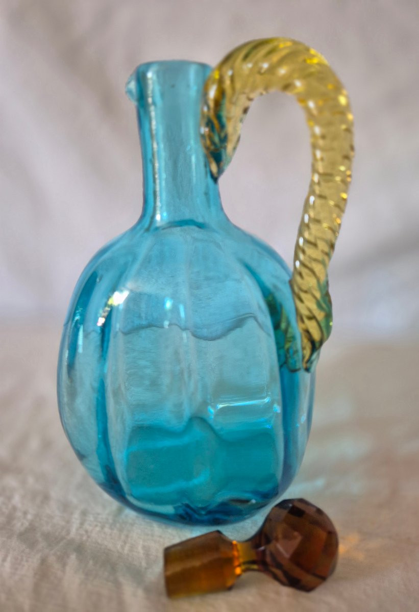 George Sand Amber And Turquoise Blue Glass Carafe With Handle By Portieux, 19th Century-photo-8