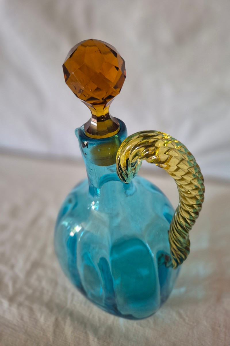 George Sand Amber And Turquoise Blue Glass Carafe With Handle By Portieux, 19th Century