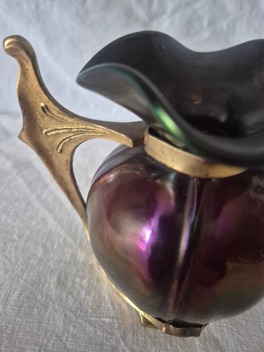 Vase Art Nouveau en verre à reflets pourpre, mordoré et bronze doré -photo-4