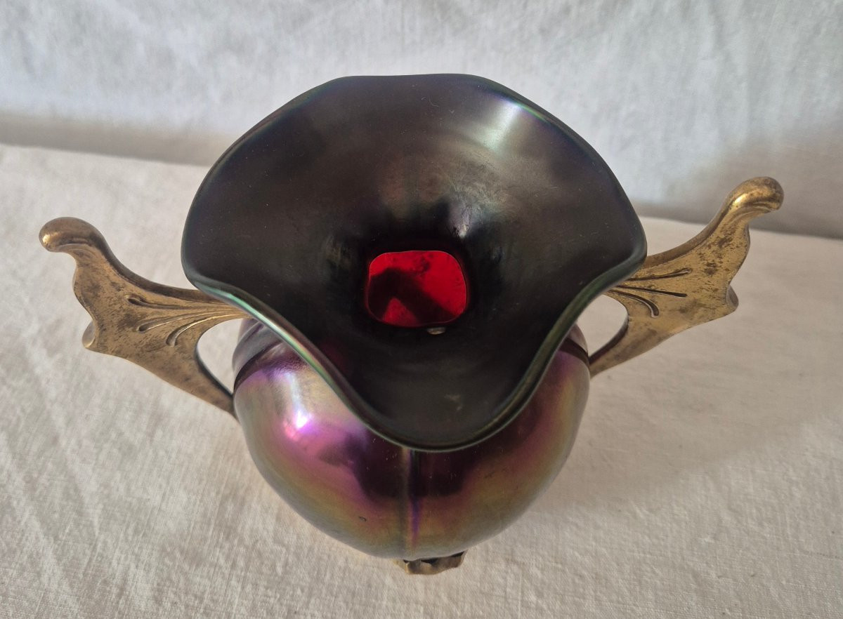 Vase Art Nouveau en verre à reflets pourpre, mordoré et bronze doré -photo-4
