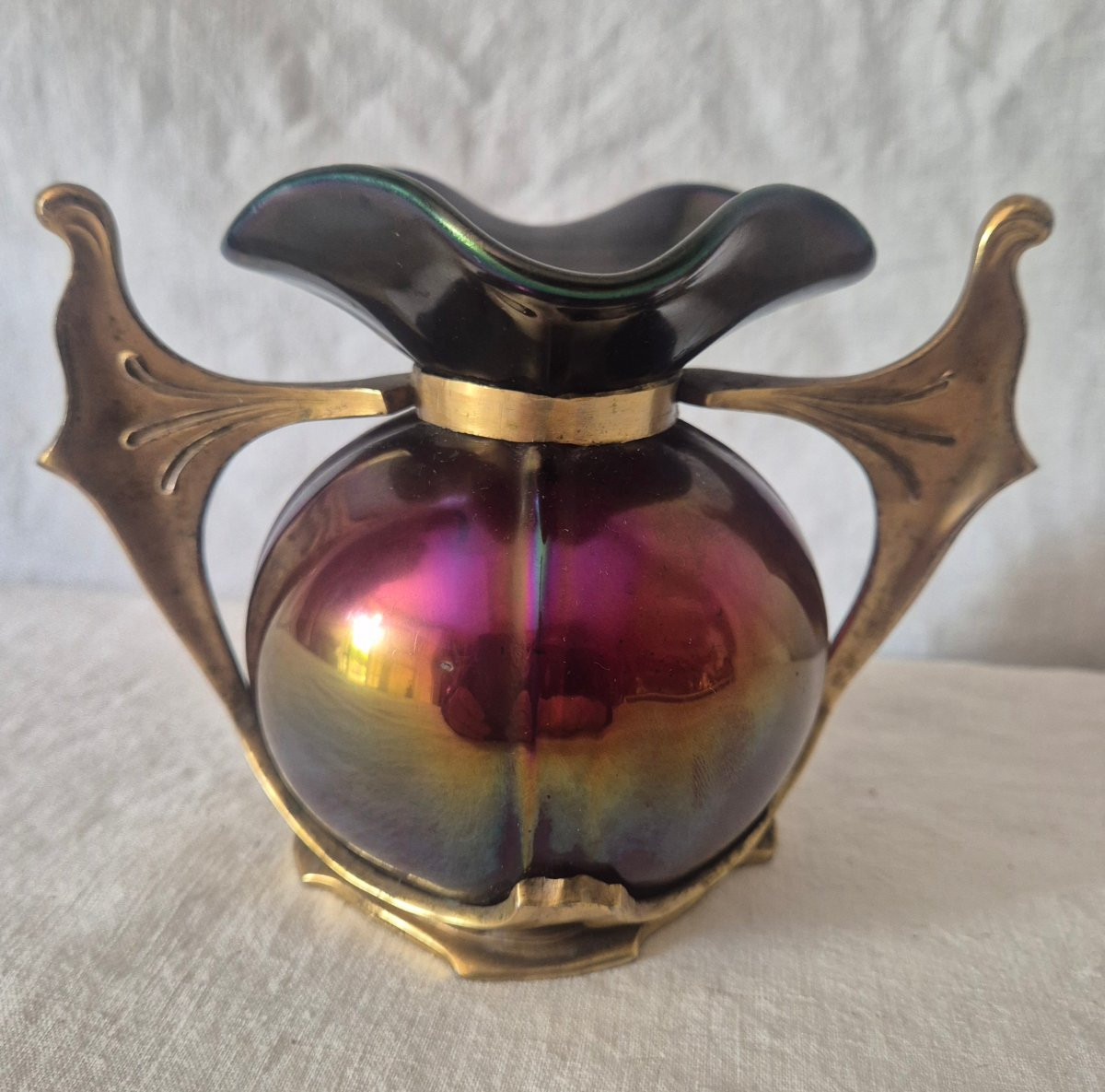 Vase Art Nouveau en verre à reflets pourpre, mordoré et bronze doré -photo-5