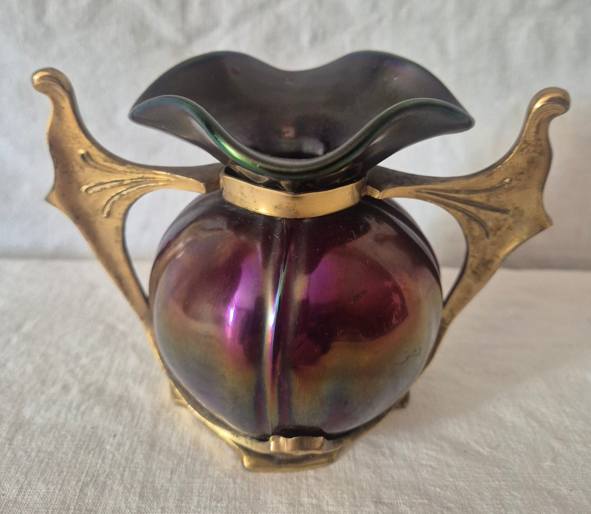 Vase Art Nouveau en verre à reflets pourpre, mordoré et bronze doré -photo-7