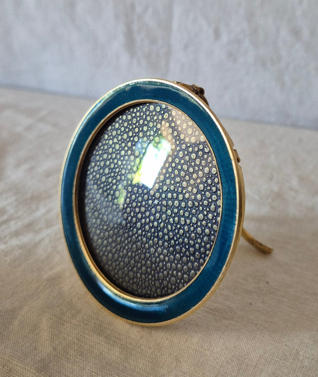 Round Gilt Bronze Photo Frame With Blue Enamel And Convex Glass-photo-1
