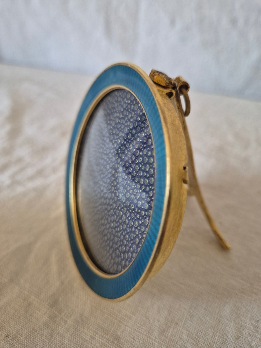 Round Gilt Bronze Photo Frame With Blue Enamel And Convex Glass-photo-2