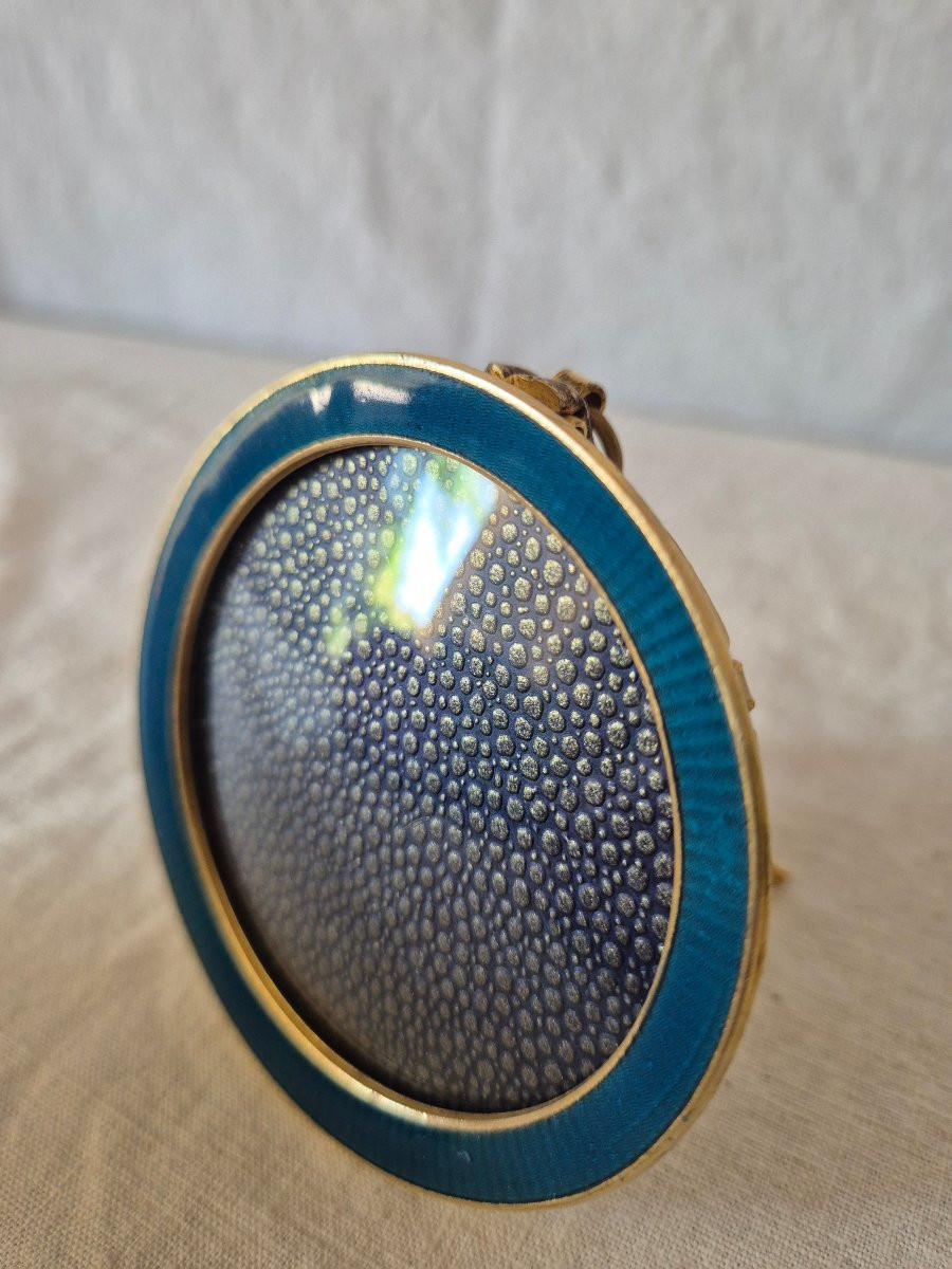 Round Gilt Bronze Photo Frame With Blue Enamel And Convex Glass-photo-3