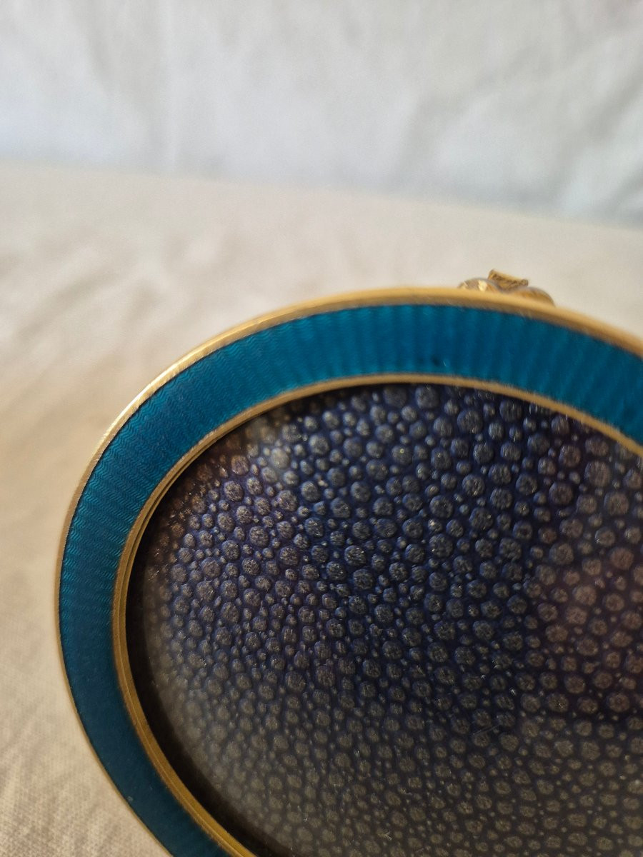 Round Gilt Bronze Photo Frame With Blue Enamel And Convex Glass-photo-5