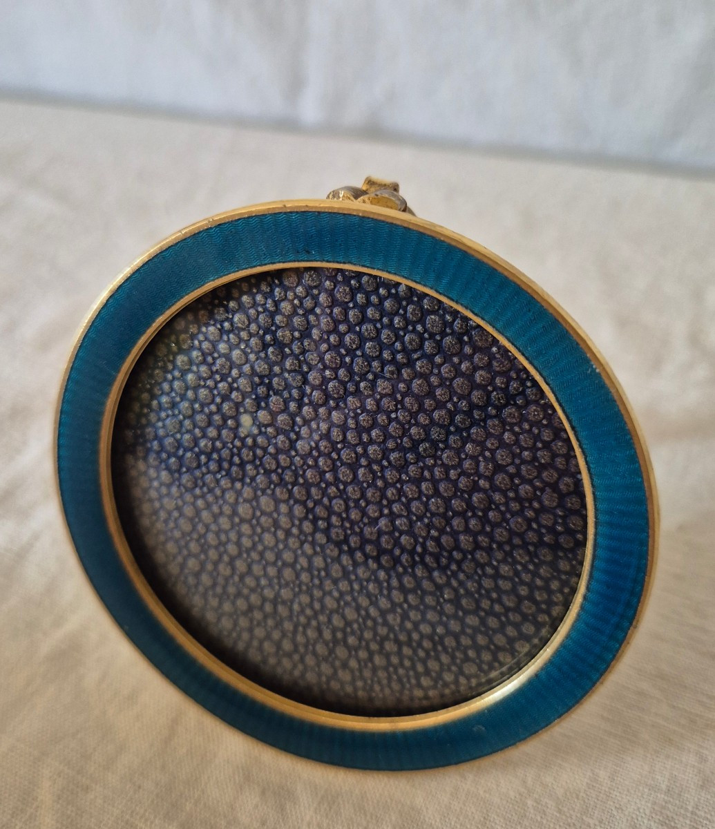 Round Gilt Bronze Photo Frame With Blue Enamel And Convex Glass
