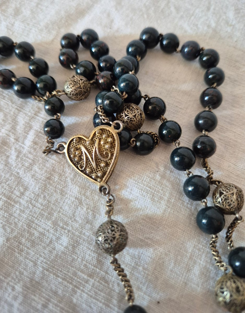 Rosary In Silver Vermeil And Heliotrope Beads, 19th Century-photo-1