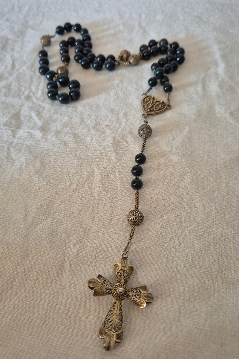 Rosary In Silver Vermeil And Heliotrope Beads, 19th Century-photo-2