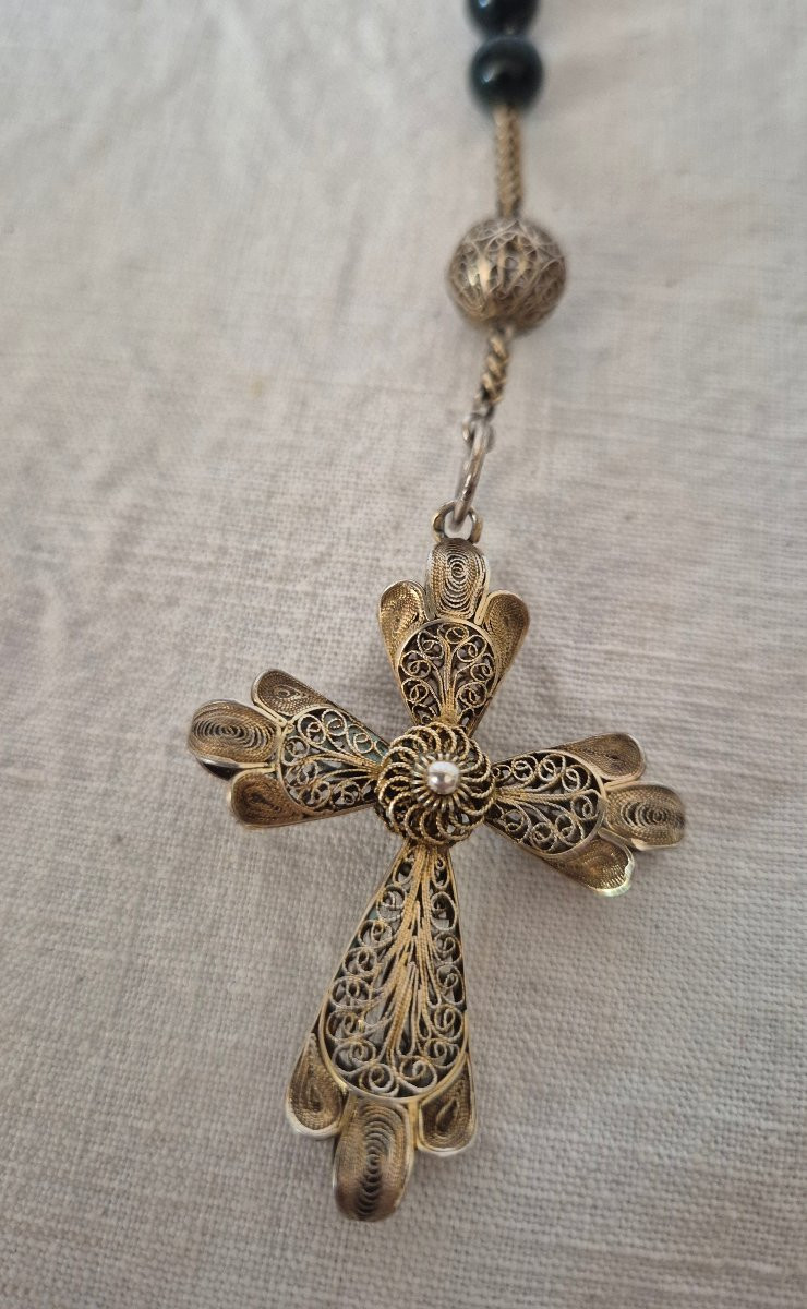 Rosary In Silver Vermeil And Heliotrope Beads, 19th Century-photo-3