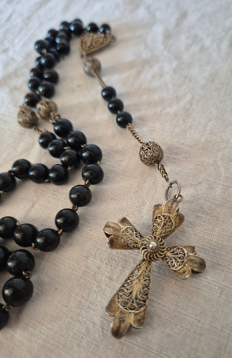 Rosary In Silver Vermeil And Heliotrope Beads, 19th Century-photo-7