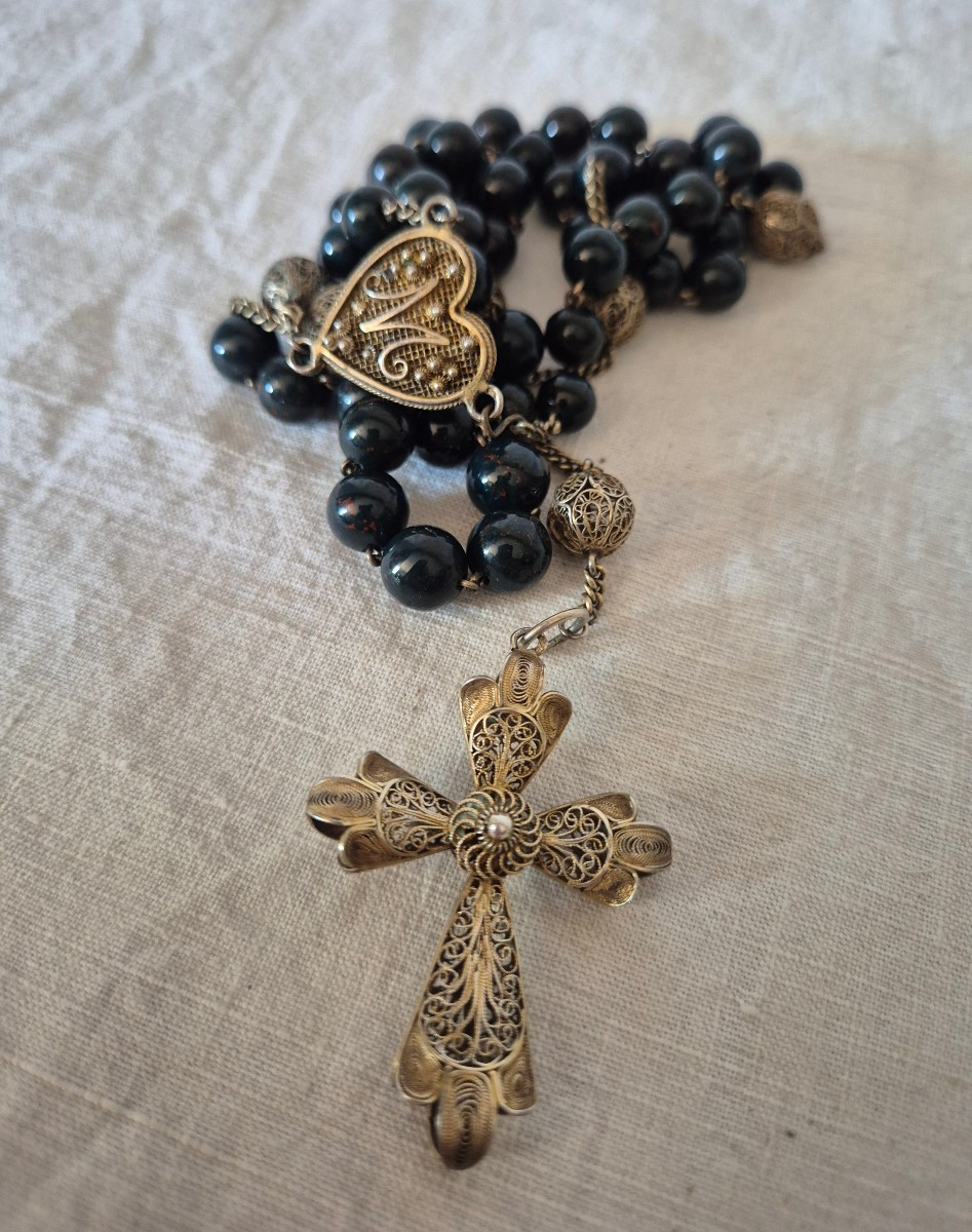Rosary In Silver Vermeil And Heliotrope Beads, 19th Century