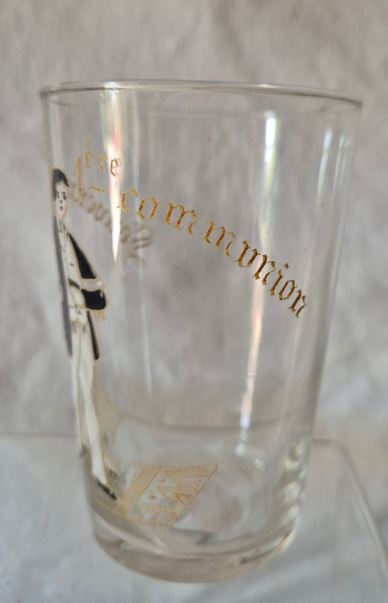 First Communion Glass For Boys With Enamel Decoration, Circa 1900-photo-2