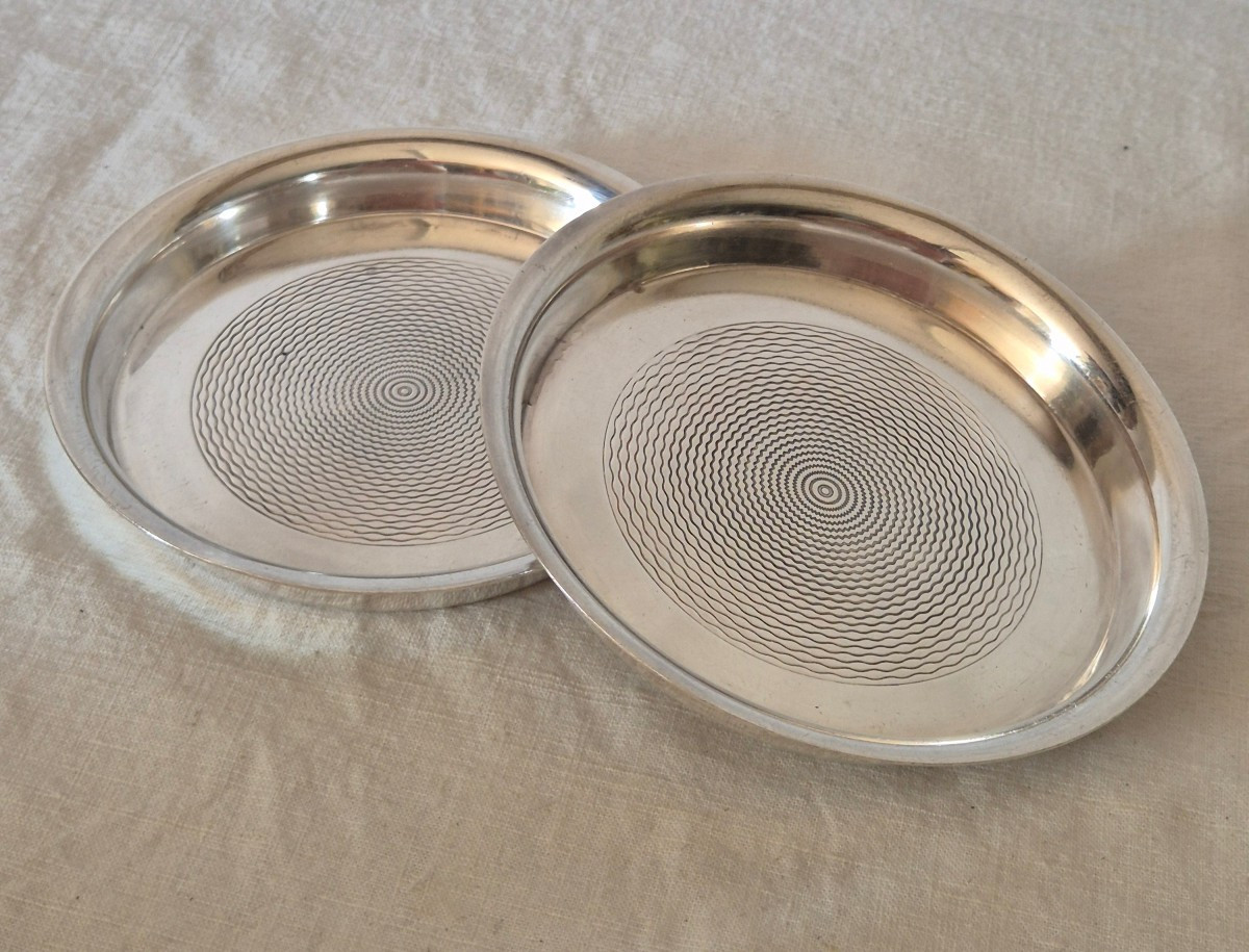 Pair Of Hermès Bottle Holders In Silver-plated Metal With Guilloché From The 1970s