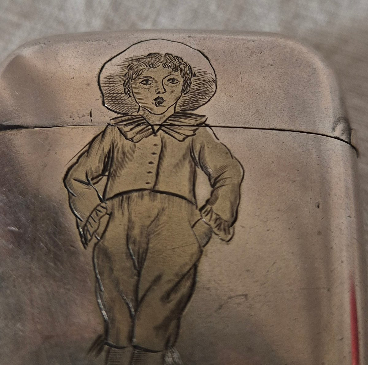 Pyrogen White Metal Pocket Matchbox Engraved With A Boy In Pierrot Costume-photo-5
