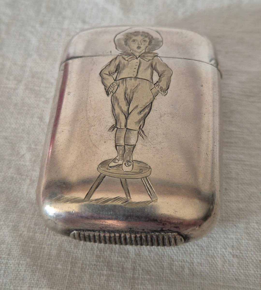 Pyrogen White Metal Pocket Matchbox Engraved With A Boy In Pierrot Costume