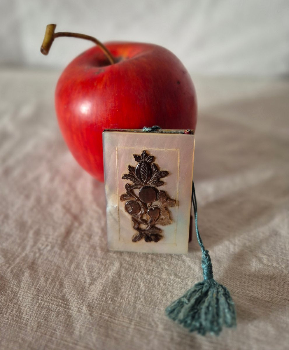 Tout petit carnet de bal souvenir en nacre clair et décor sculpté foncé du XIXème siècle -photo-5