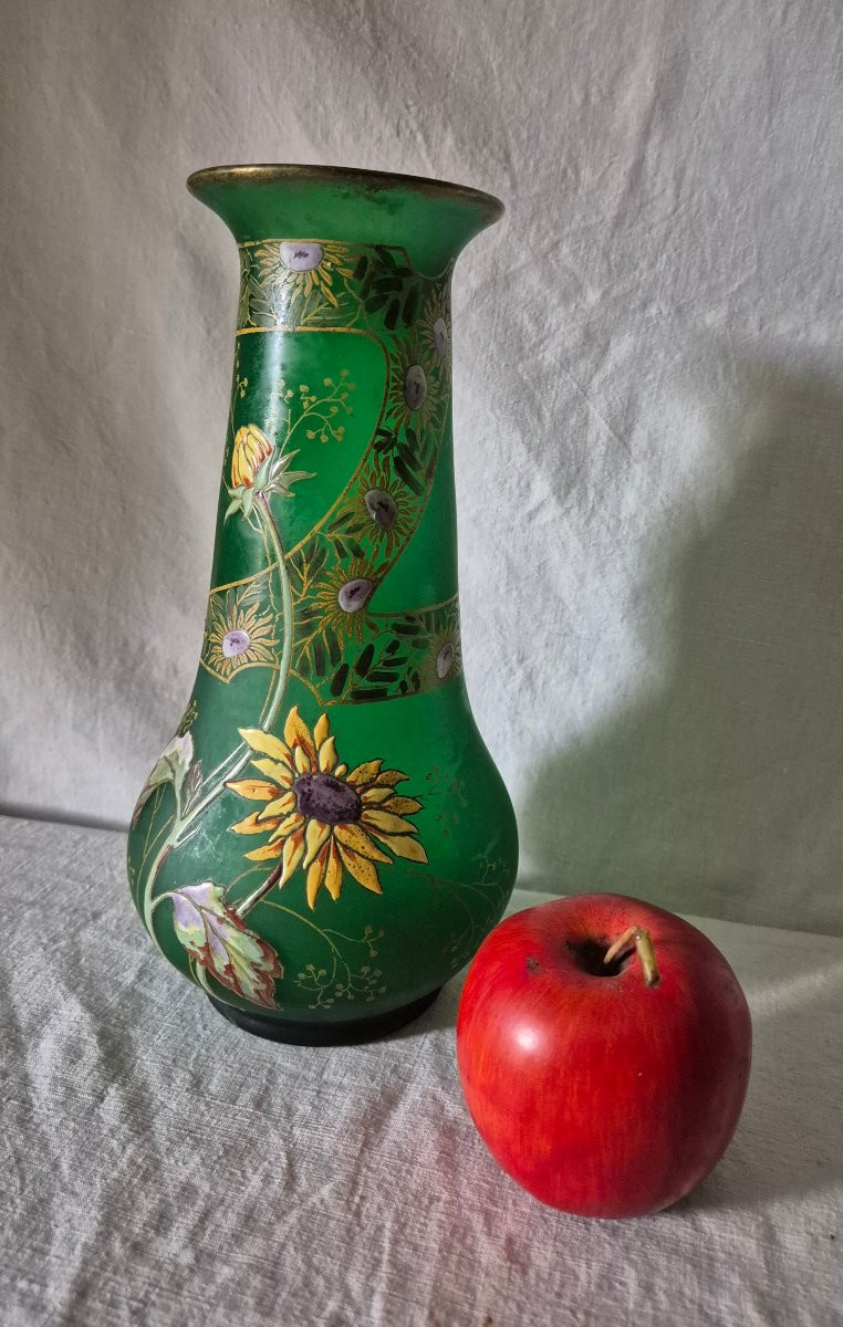 Vase balustre granité vert à décor émaillé  de tournesol fin XIXème siècle -photo-2