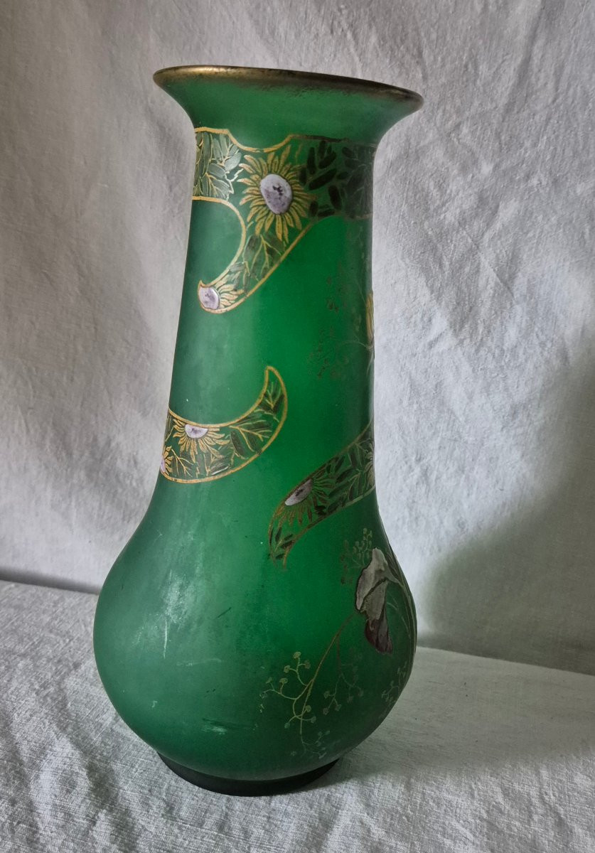 Vase balustre granité vert à décor émaillé  de tournesol fin XIXème siècle -photo-3
