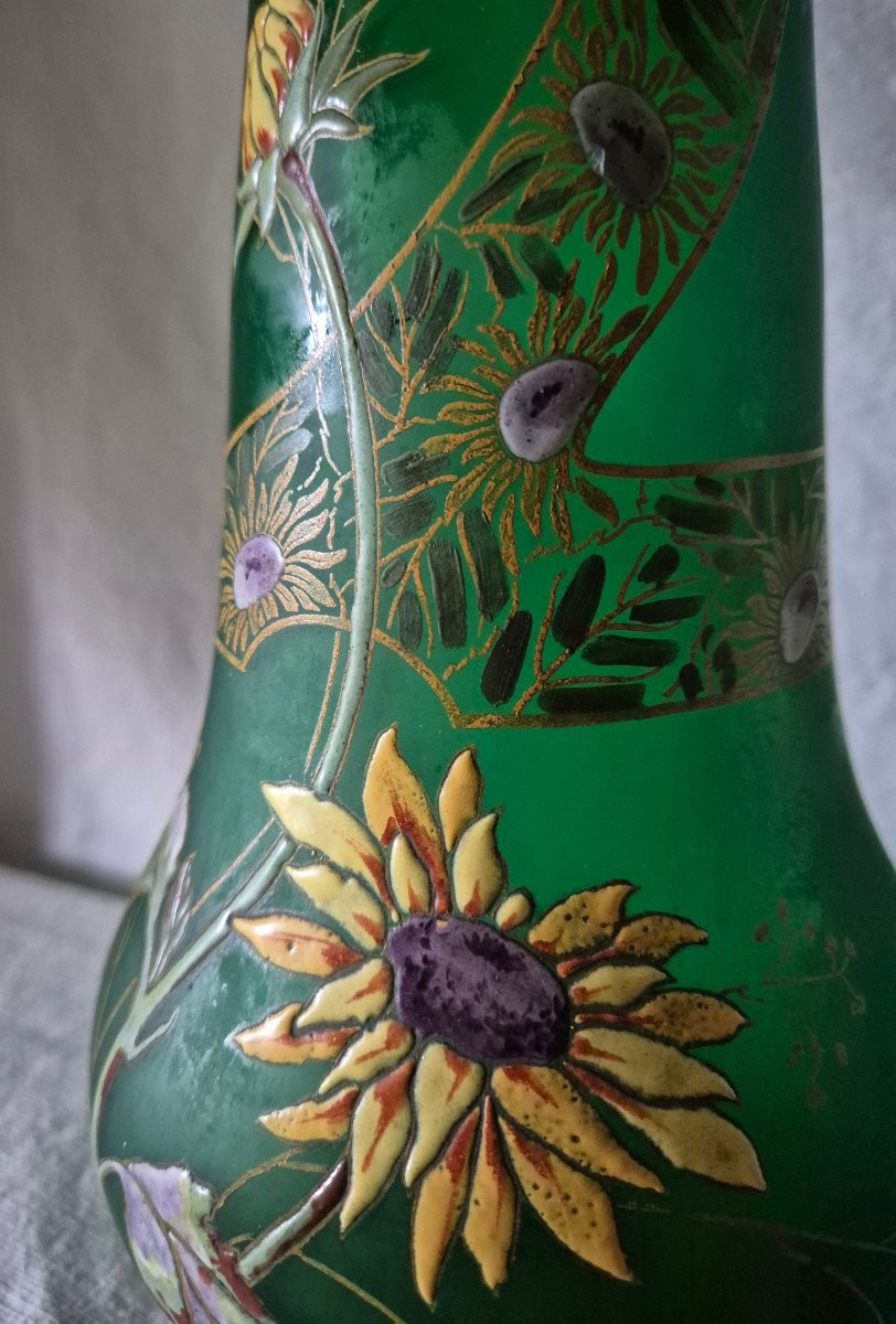 Vase balustre granité vert à décor émaillé  de tournesol fin XIXème siècle -photo-4