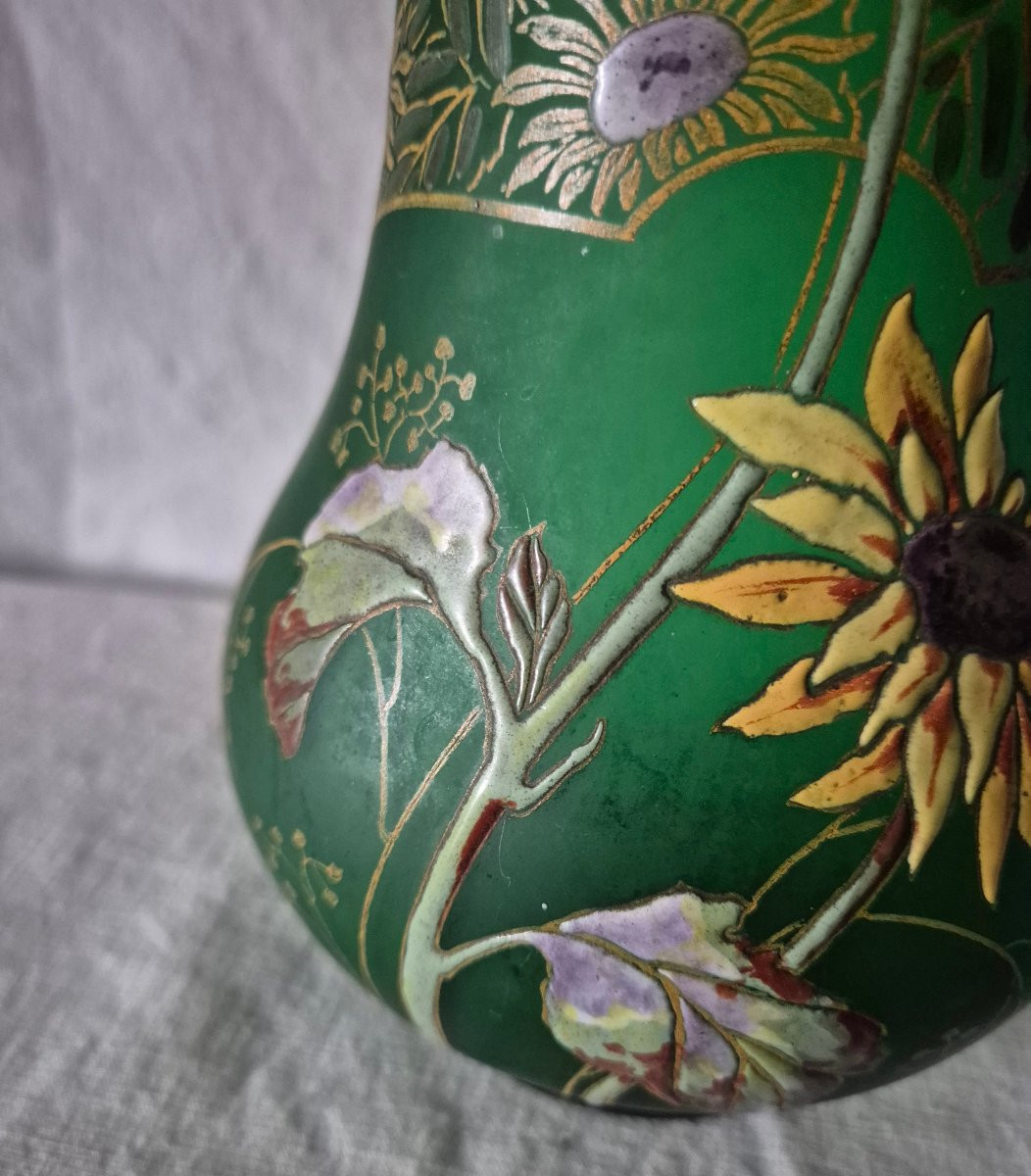 Vase balustre granité vert à décor émaillé  de tournesol fin XIXème siècle -photo-6