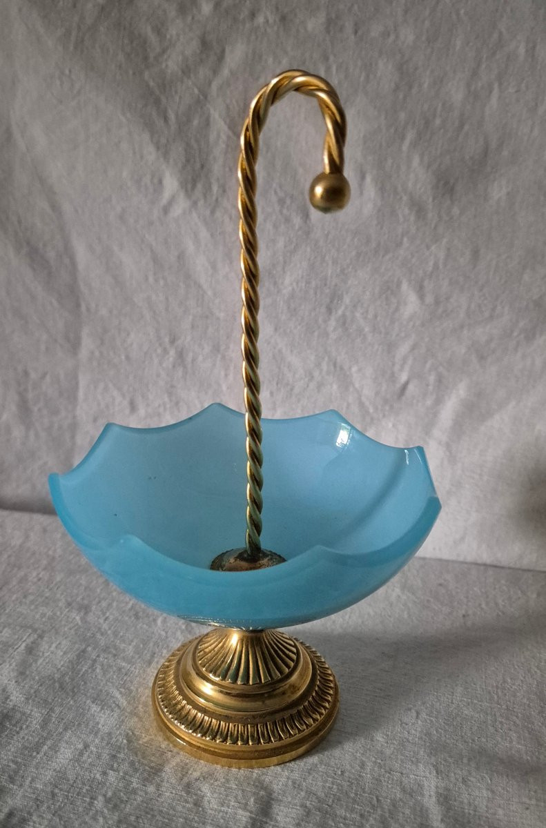 Baguier parapluie en opaline bleu ciel et bronze doré -photo-2