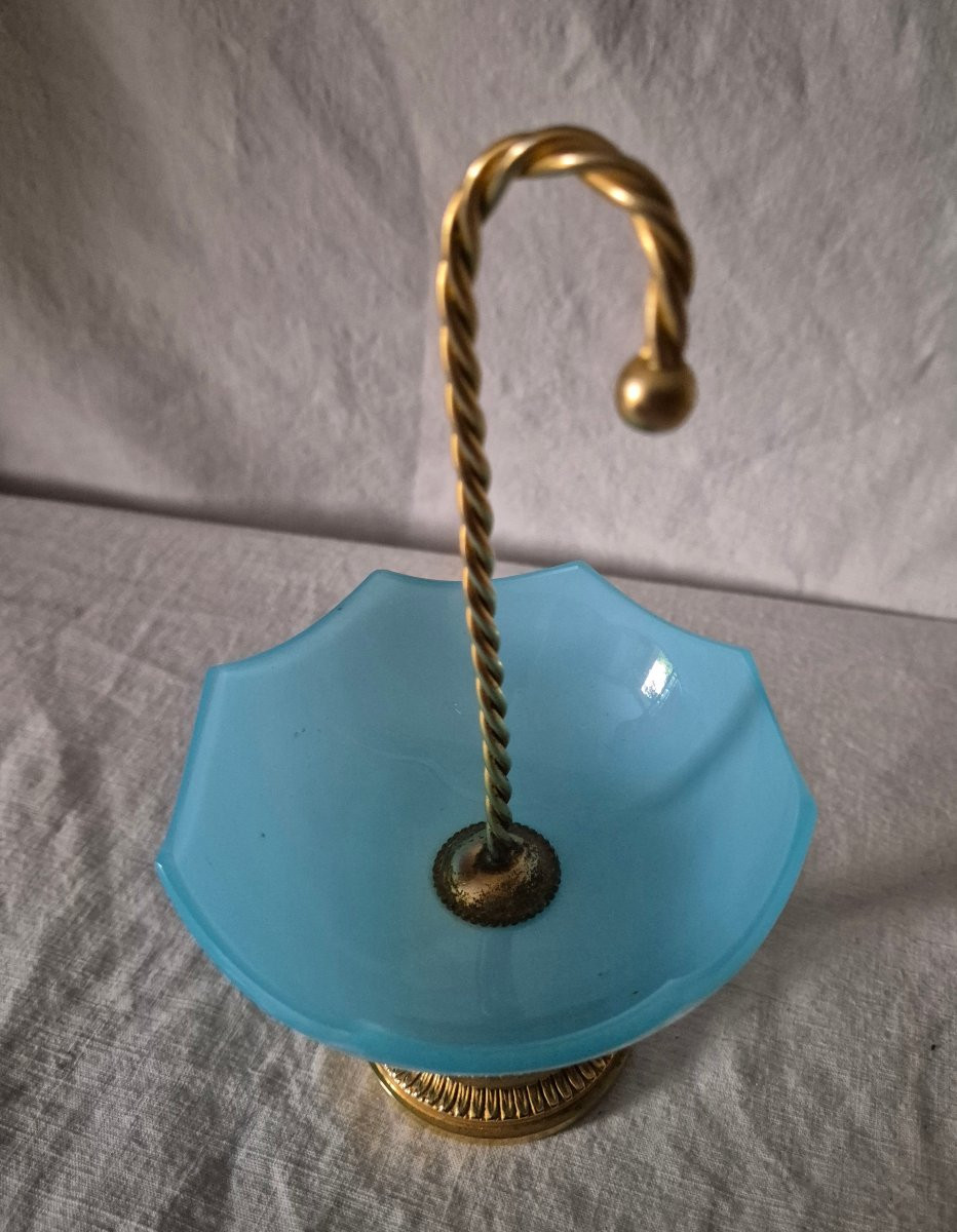 Baguier parapluie en opaline bleu ciel et bronze doré -photo-3