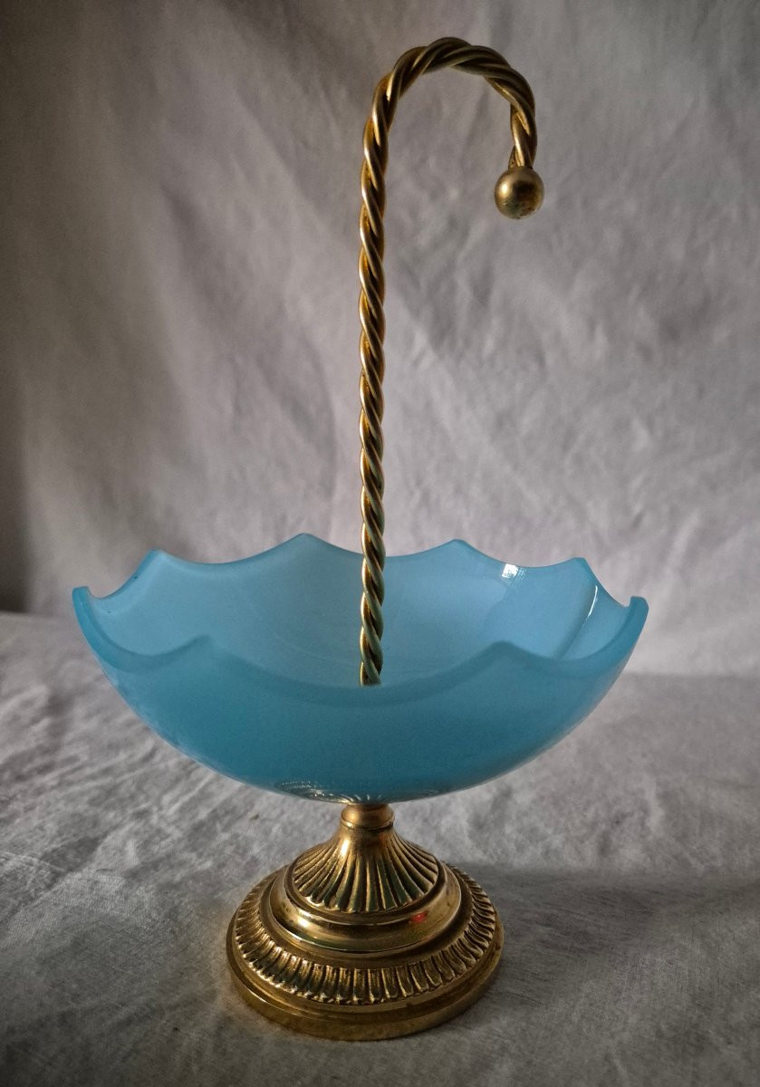 Baguier parapluie en opaline bleu ciel et bronze doré -photo-7