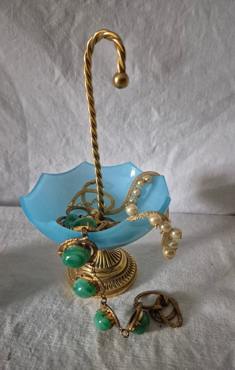 Baguier parapluie en opaline bleu ciel et bronze doré 