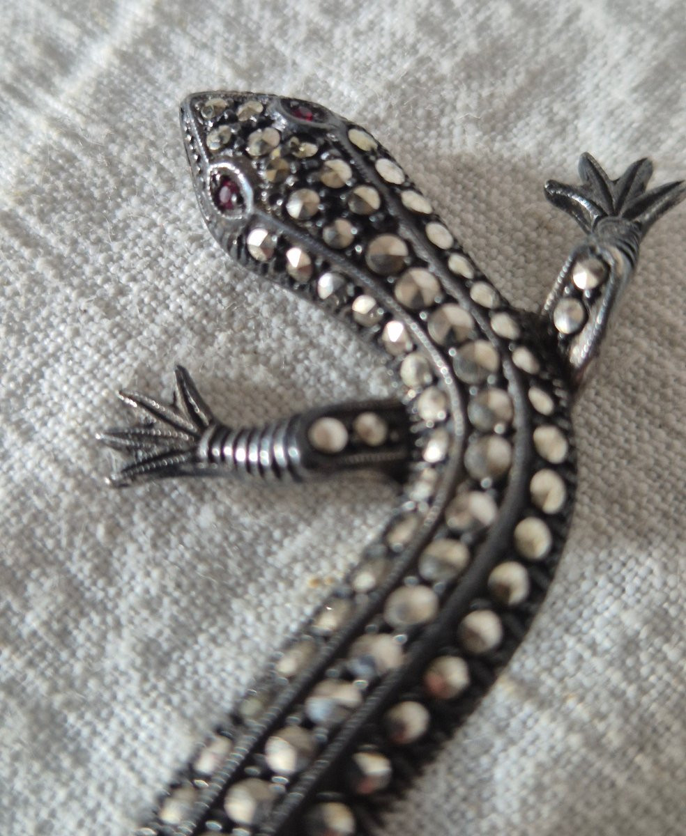 Broche lézard gecko en argent aux marcassites et yeux de rubis -photo-3