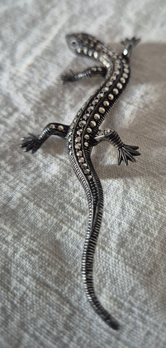Broche lézard gecko en argent aux marcassites et yeux de rubis -photo-4