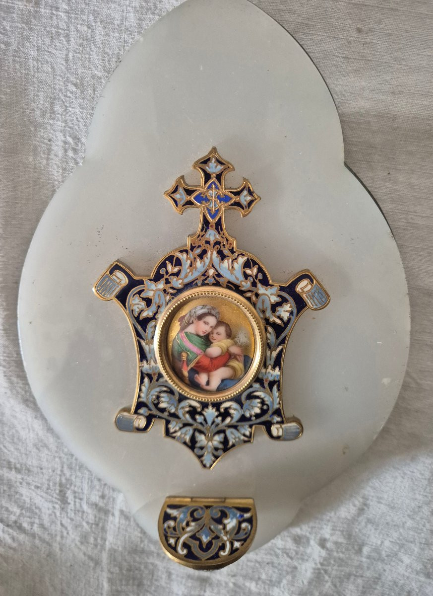 Gilt Bronze And Cloisonné Enamel Bedside Stoup With Miniature Of The Virgin And Child-photo-1