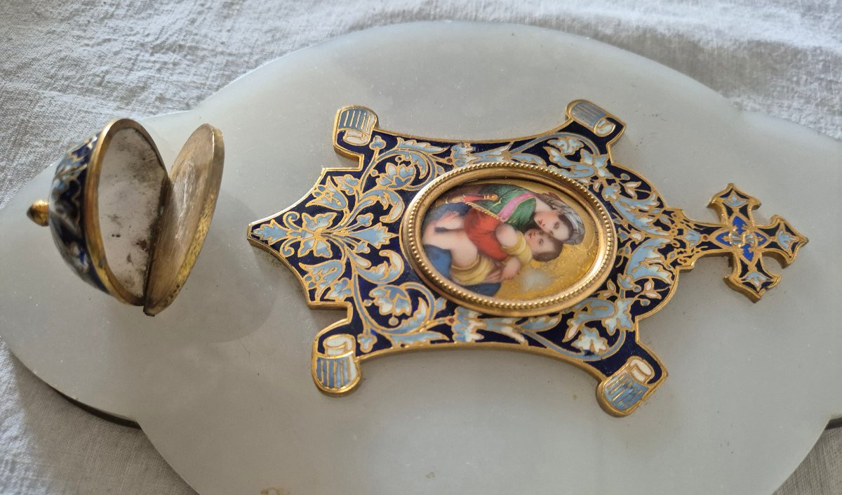 Gilt Bronze And Cloisonné Enamel Bedside Stoup With Miniature Of The Virgin And Child-photo-3