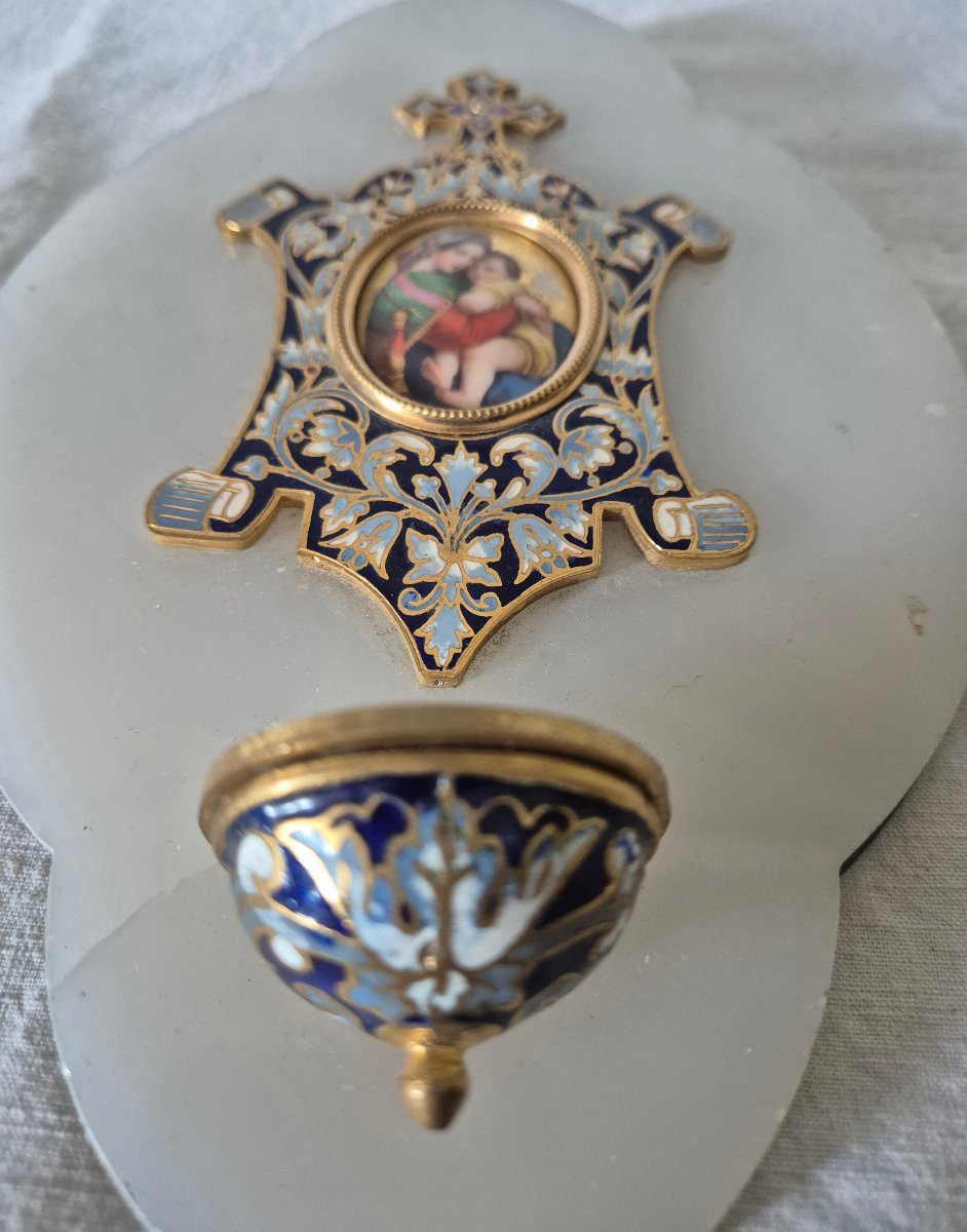 Gilt Bronze And Cloisonné Enamel Bedside Stoup With Miniature Of The Virgin And Child-photo-4