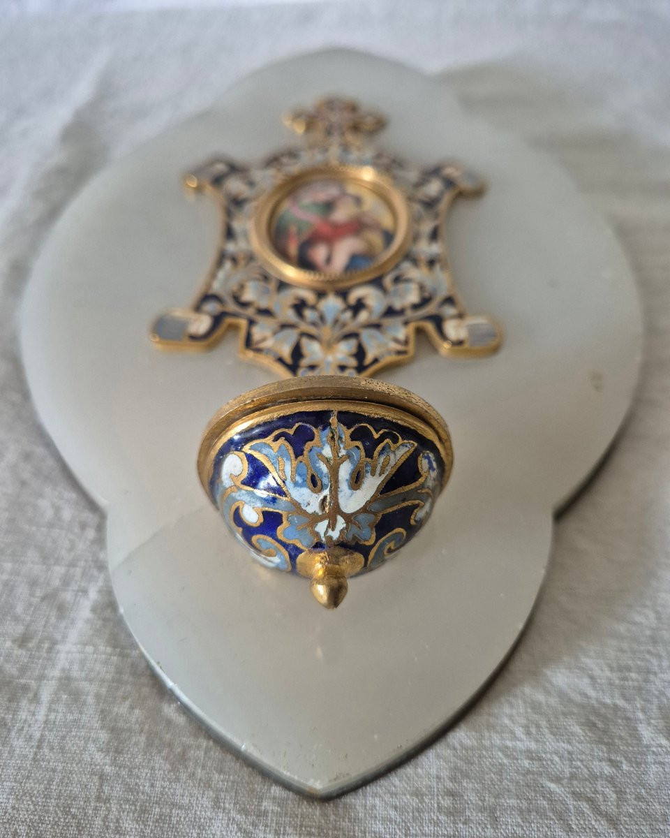 Gilt Bronze And Cloisonné Enamel Bedside Stoup With Miniature Of The Virgin And Child-photo-5
