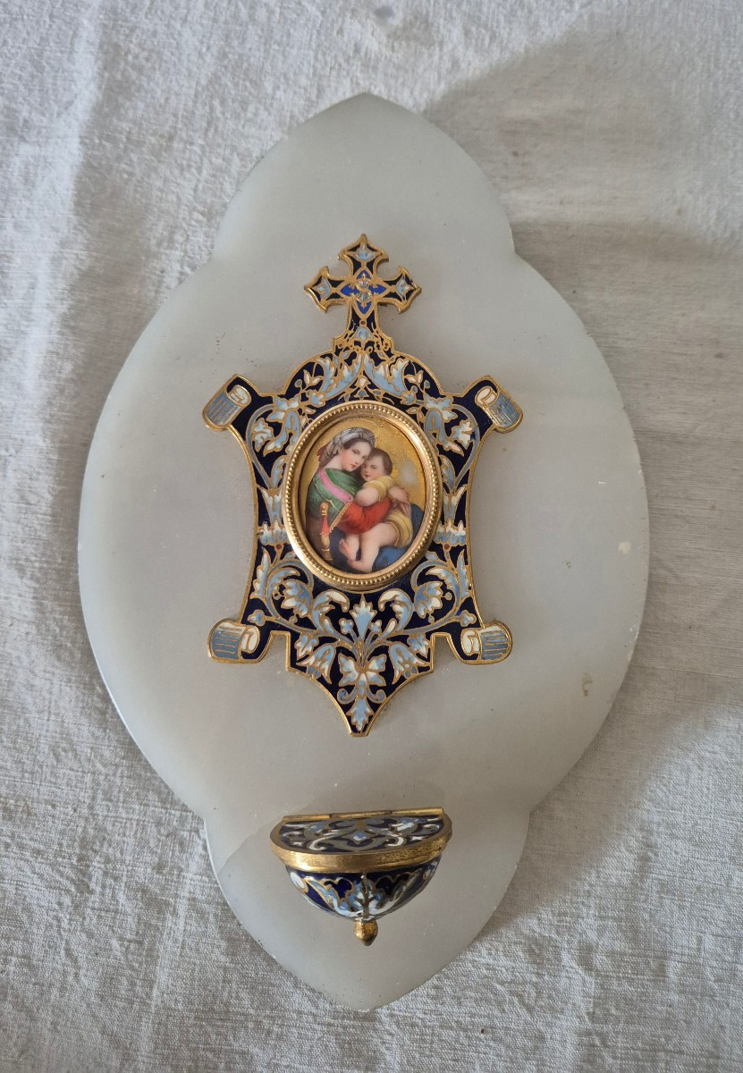 Gilt Bronze And Cloisonné Enamel Bedside Stoup With Miniature Of The Virgin And Child