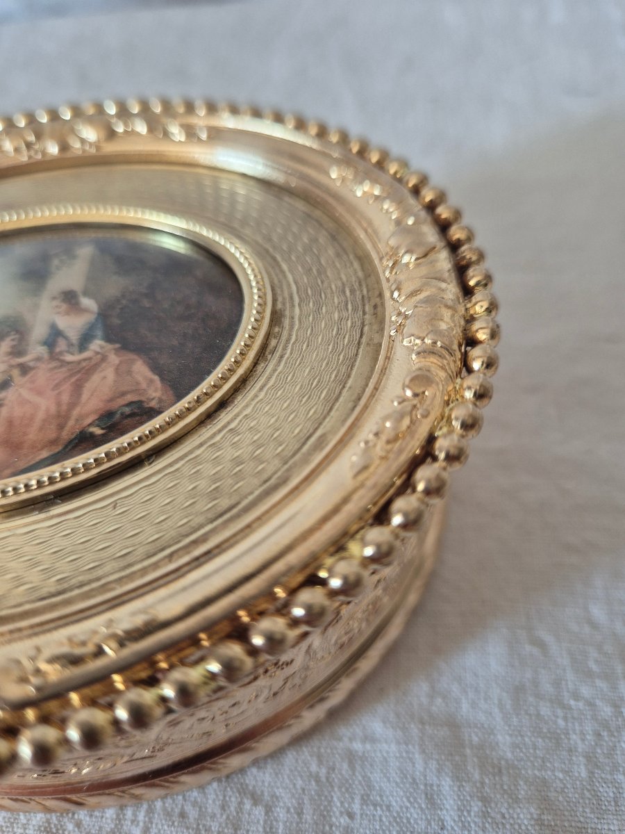 Napoleon III Gilt Bronze Oval Jewelry Box With Country Scene Medallion 18th Century-photo-3