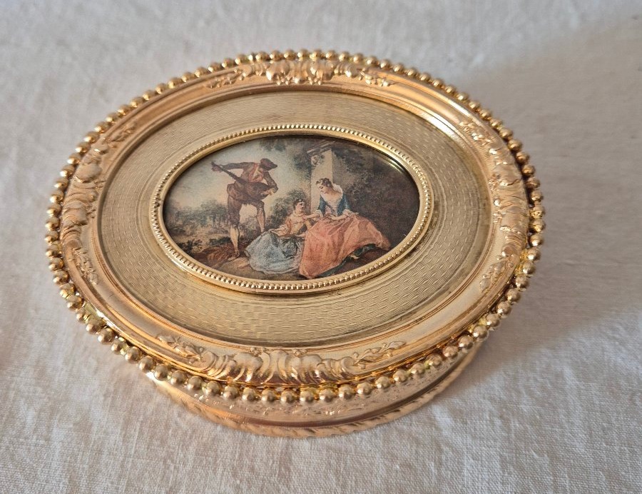 Napoleon III Gilt Bronze Oval Jewelry Box With Country Scene Medallion 18th Century