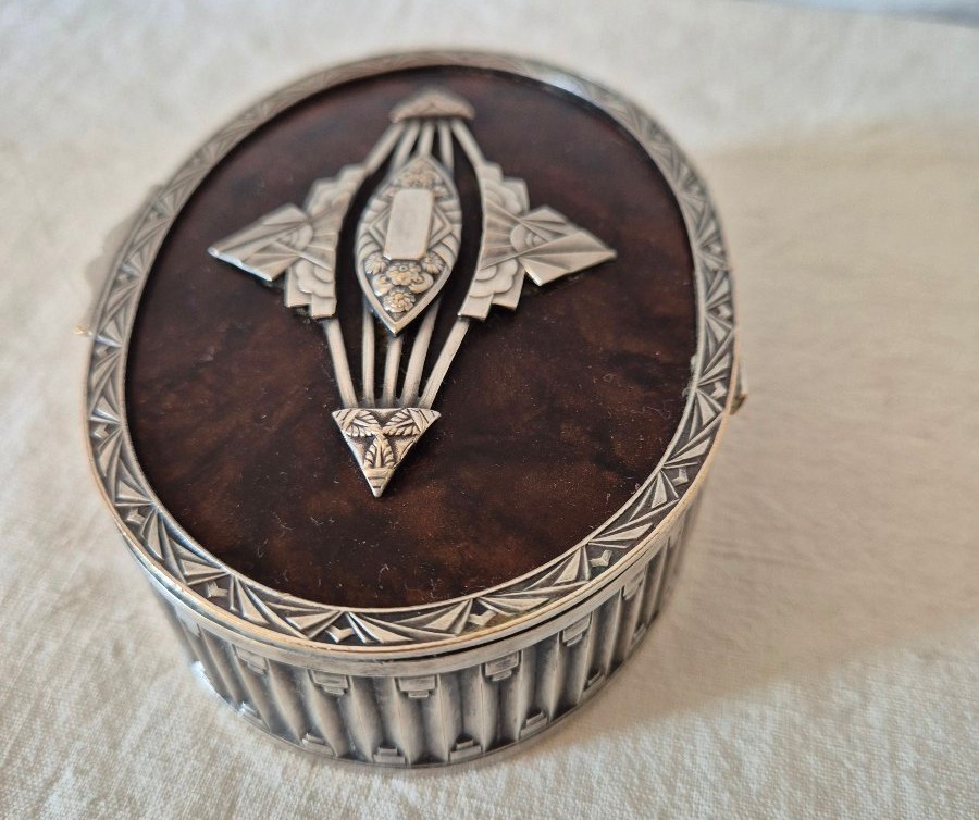 Art Deco Jewelry Box In Silver-plated Metal And Macassar-photo-4