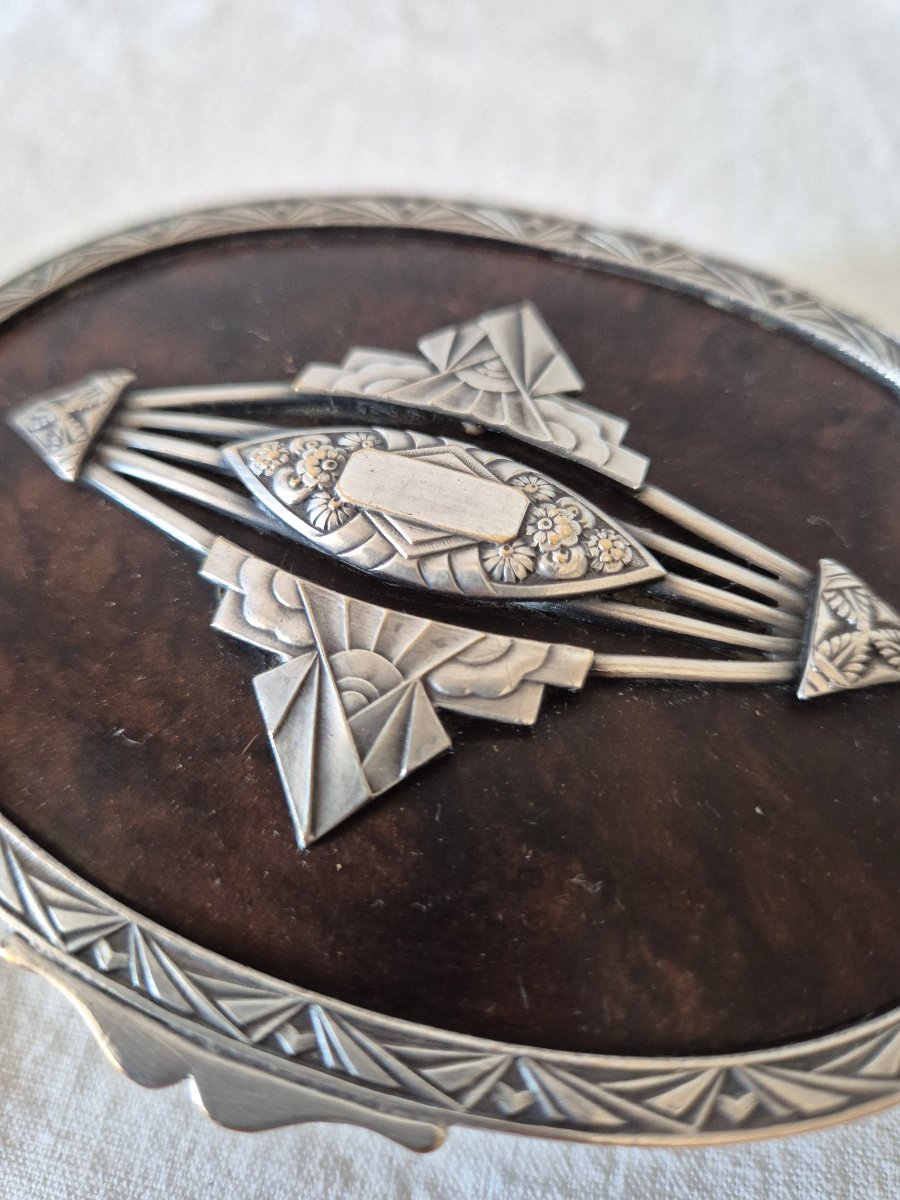 Art Deco Jewelry Box In Silver-plated Metal And Macassar