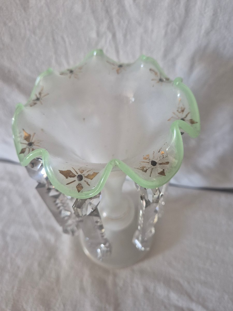Pair Of Pineapple Holders In White Granite Opaline With Baccarat Knife Pendants-photo-3