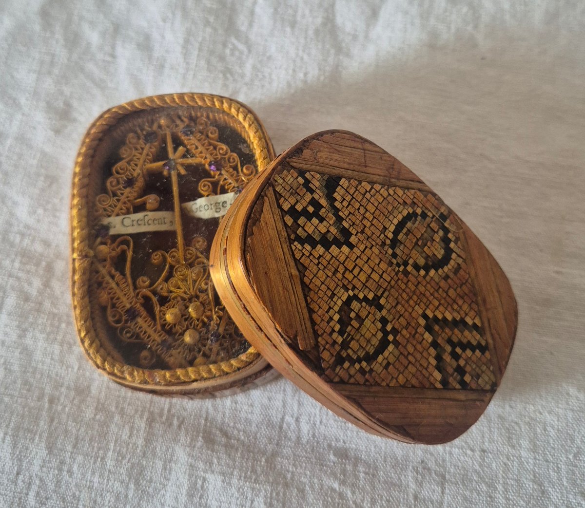 Reliquary Straw Marquetry Casket With Two Relics