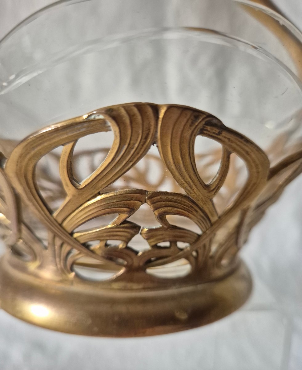 Panier à friandises Art Nouveau en bronze doré et cristal taillé -photo-2