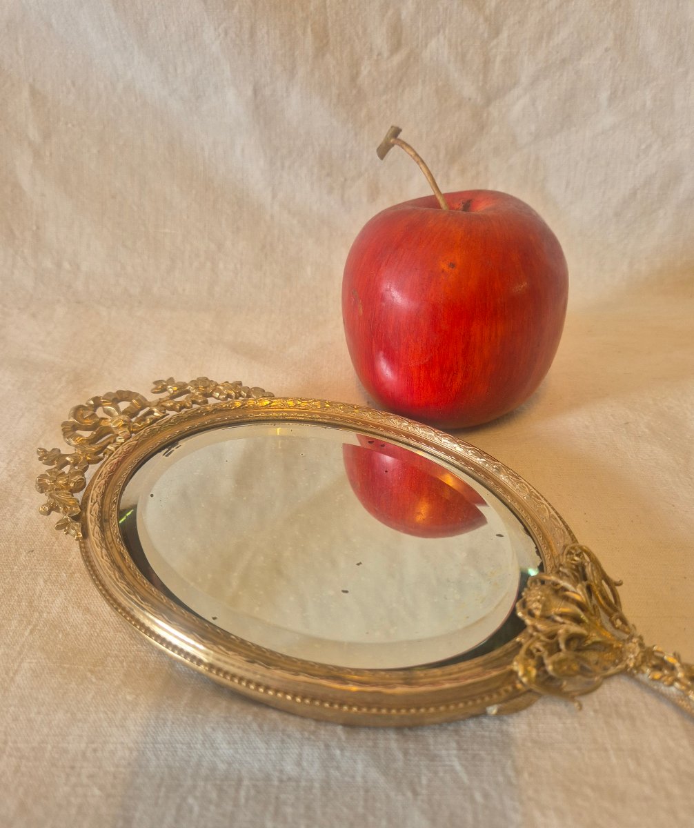 Miroir face à main au mercure et biseauté en bronze doré Second Empire -photo-2