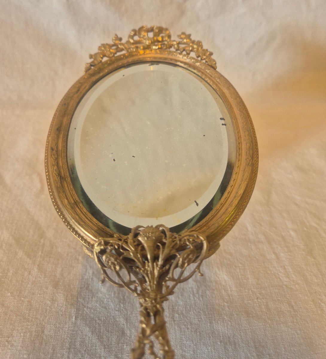 Miroir face à main au mercure et biseauté en bronze doré Second Empire -photo-3