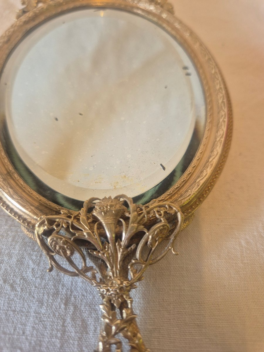 Miroir face à main au mercure et biseauté en bronze doré Second Empire -photo-2