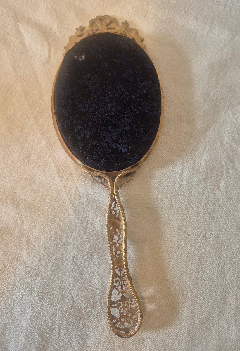 Miroir face à main au mercure et biseauté en bronze doré Second Empire -photo-4
